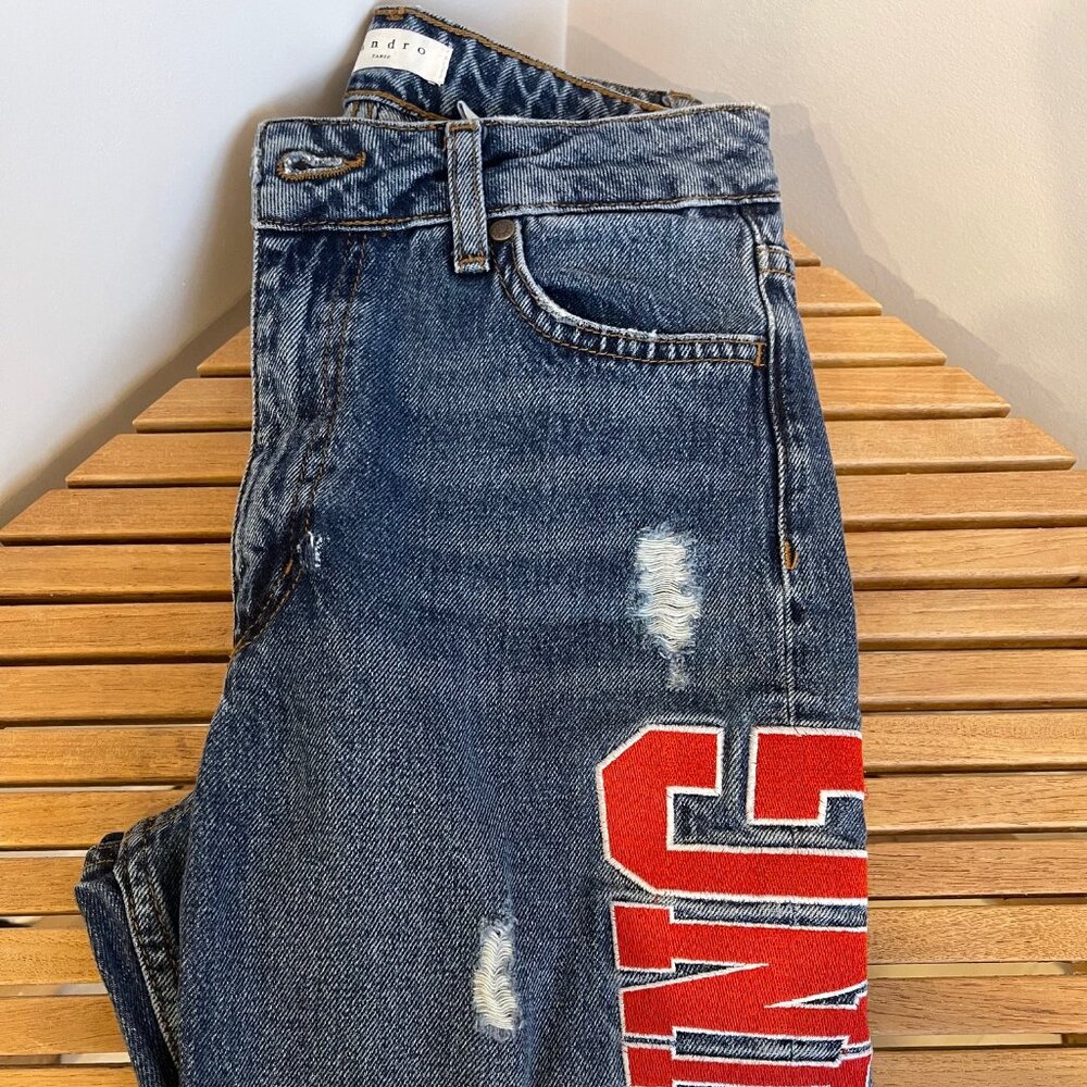 Sandro Designer Tapered Embroidered Leg Jeans, Size 34/ XS